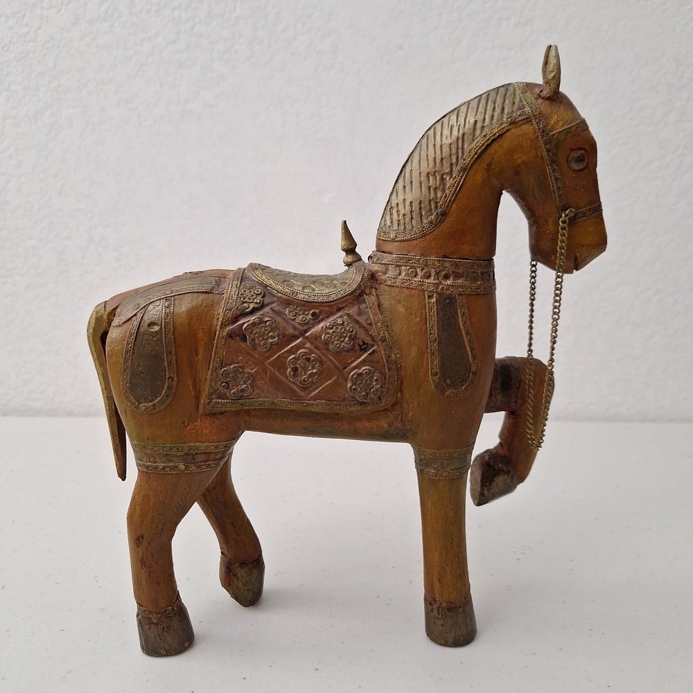 Antique Vintage Hand Carved Wooden Horse with Brass Inlay Detachable/Moving Head